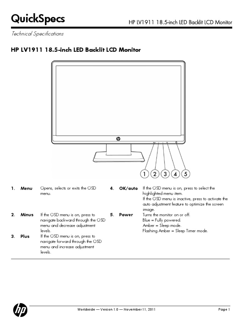 HP Monitor 1911 Led PDF Backlight Thin Film Transistor