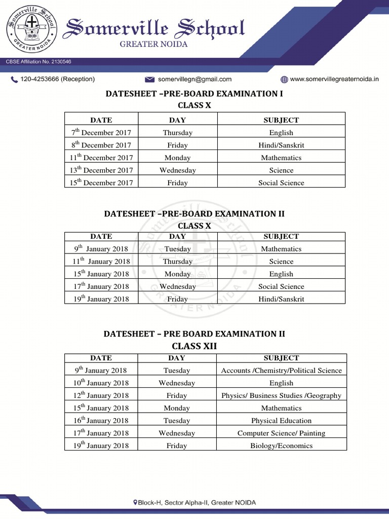 Datesheet - Pre-Board Examination I Class X: Date DAY Subject | PDF