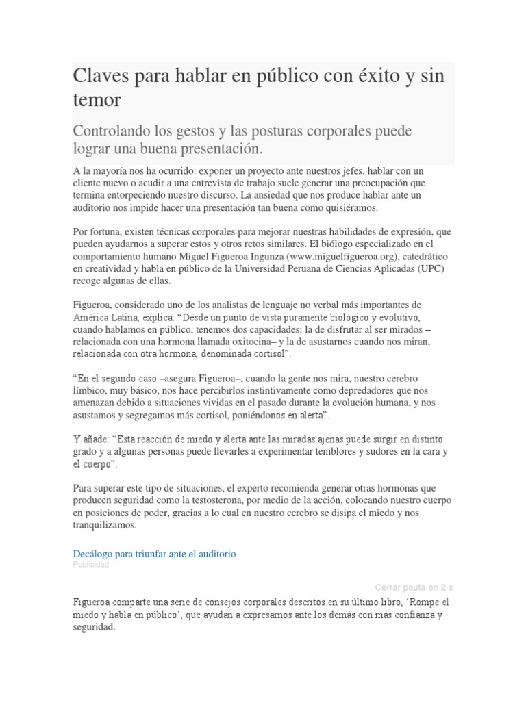 Claves Para Hablar En Público Con éxito Y Sin Temor Pdf Temor Cerebro