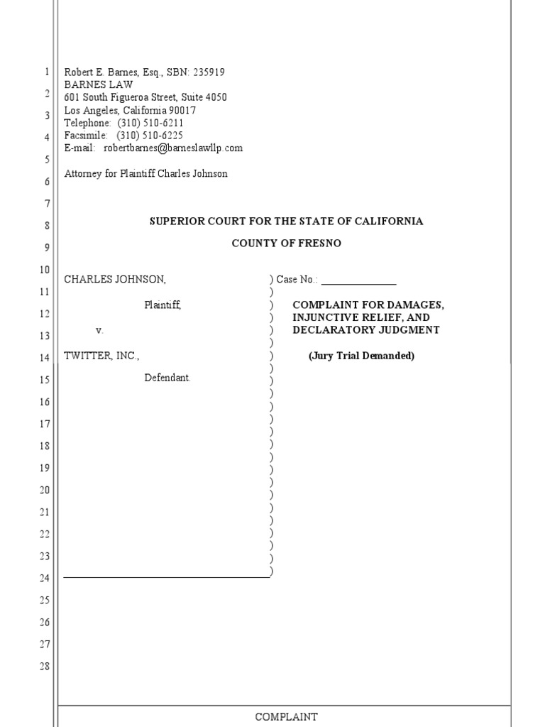 (Johnson) Complaint Final Twitter Lawsuit PDF Tortious