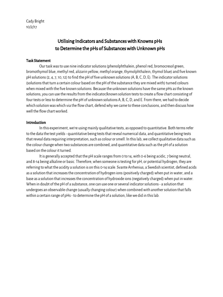 Qualitative Analysis of Solutions To Measure PH Lab Report Cady