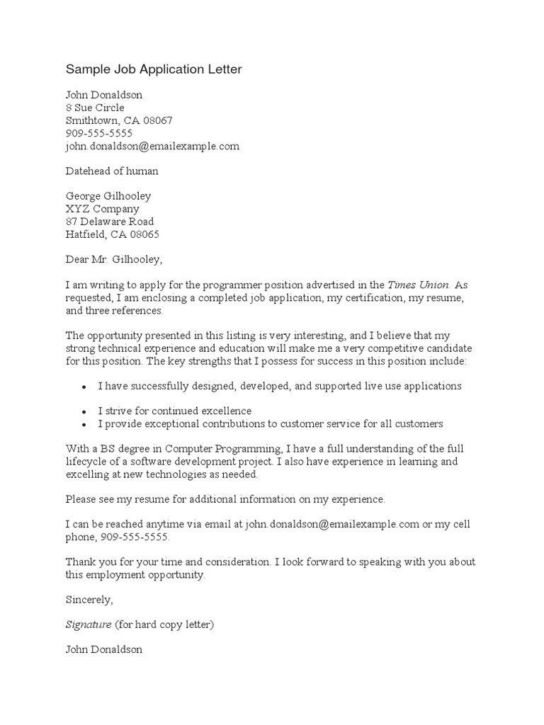Sample Job Application Letter: Signature (For Hard Copy Letter) | PDF