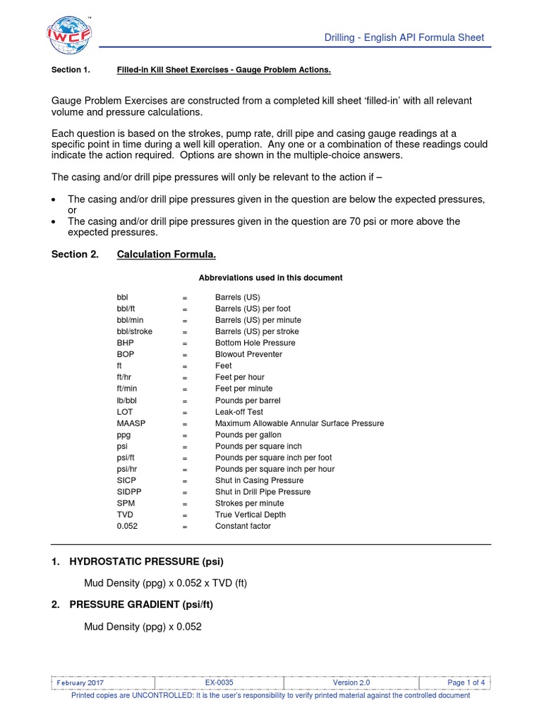 Drilling API Formula Sheet 2017 | PDF | Casing (Borehole) | Barrel (Unit)