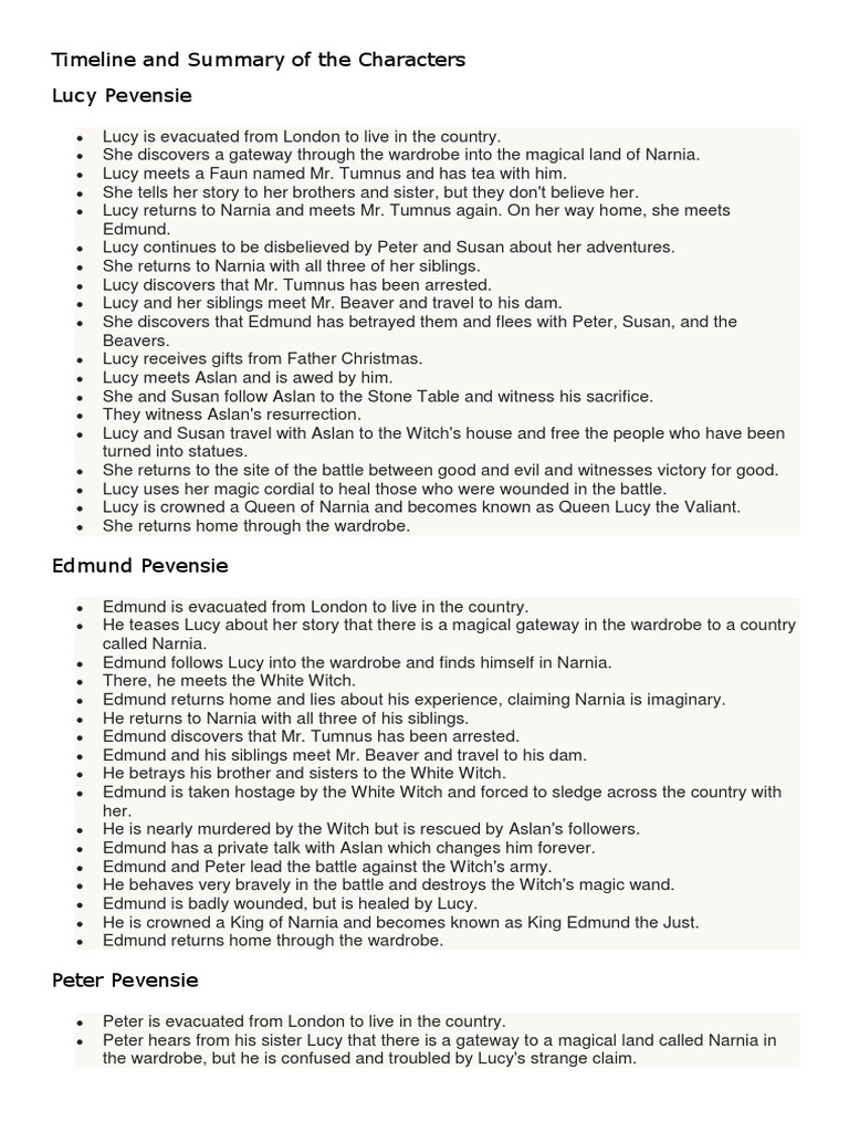 Timeline and Summary of The Characters PDF Aslan The Chronicles