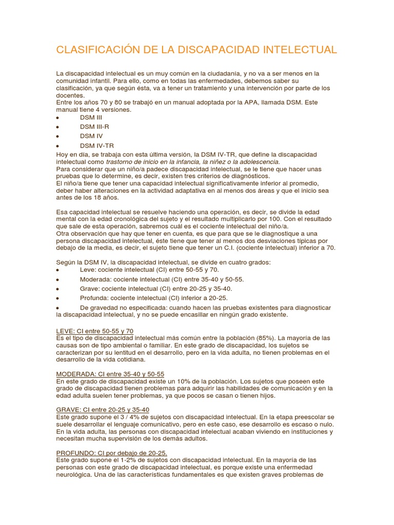 Clasificación de La Discapacidad Intelectual PDF Cociente de inteligencia Discapacidad