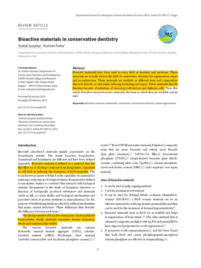 Bioactive Materials in Conservative Dentistry | PDF | Calcium | Dental ...