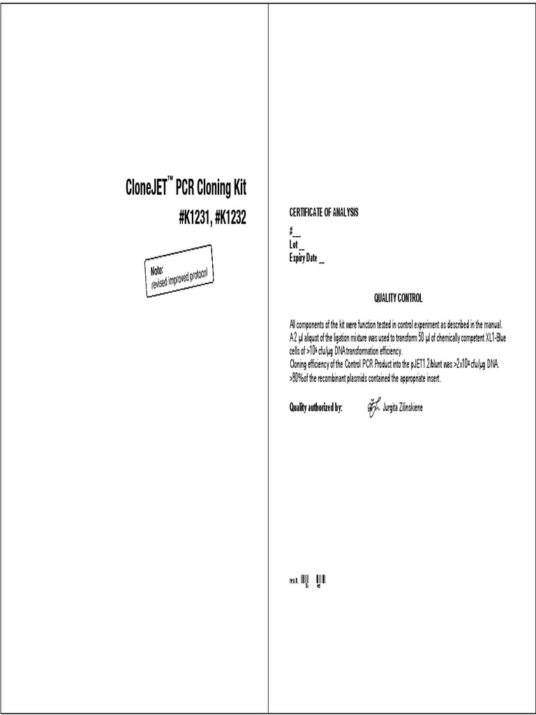 CloneJET PCR Cloning Kit PDF Molecular Cloning Transformation