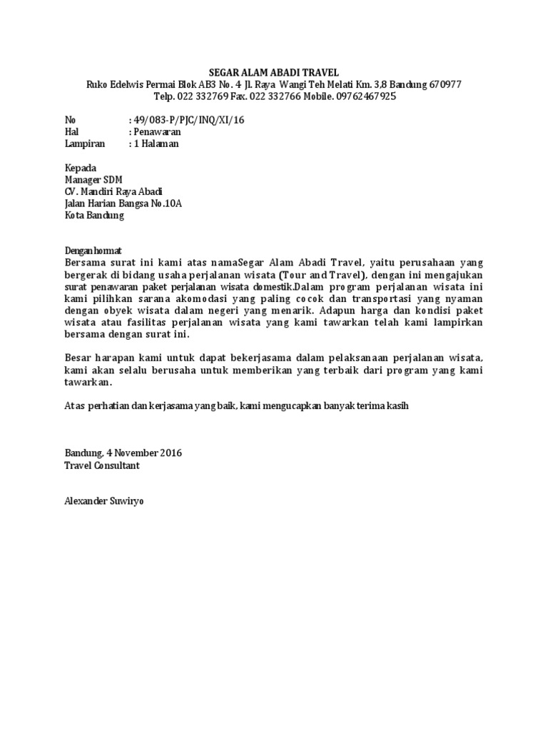 Contoh Surat Penawaran Paket Wisata Domestik