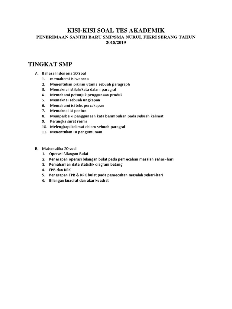 Kisi Kisi Psb Smp 2018 2019