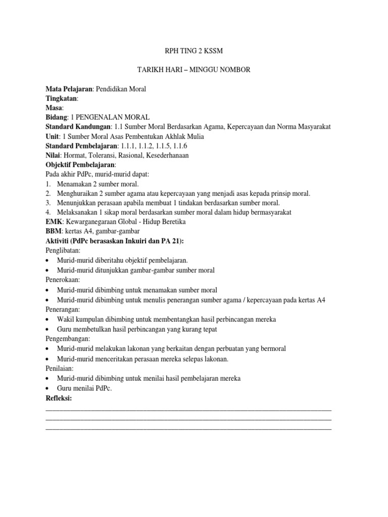 Contoh Rph Kssm Tingkatan 2