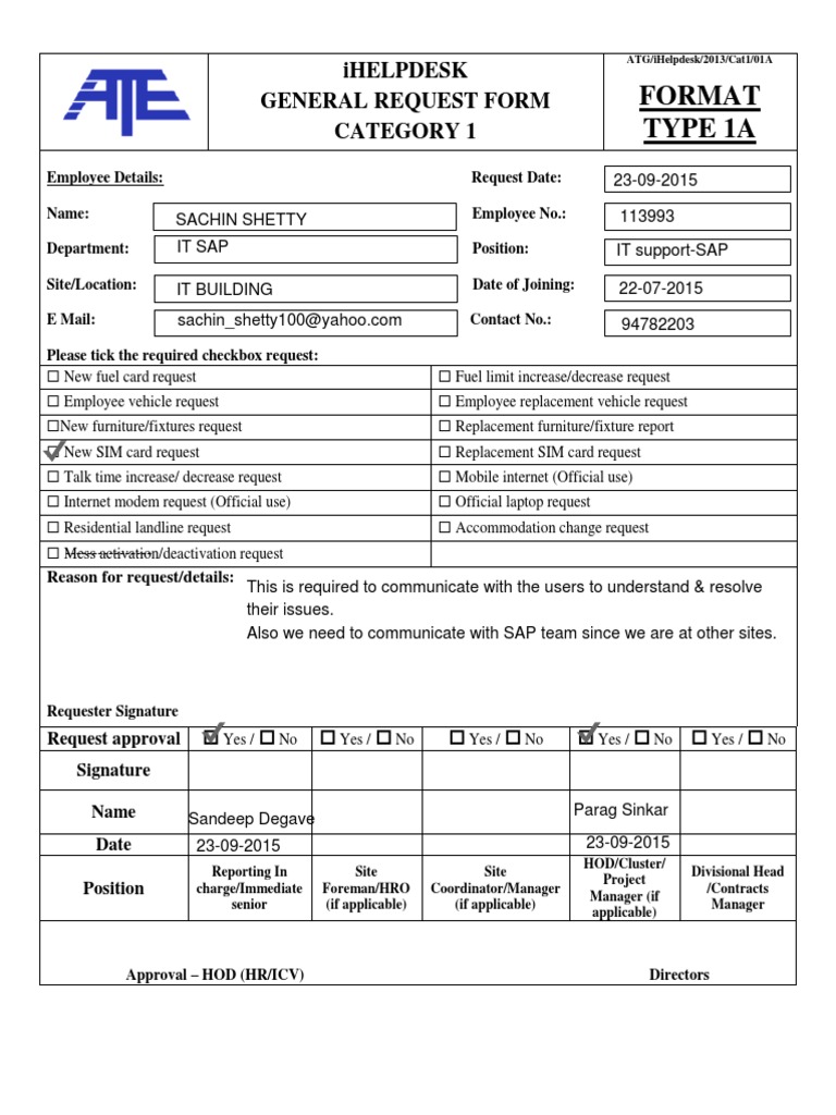Format Type 1A: Ihelpdesk General Request Form Category 1 | PDF ...