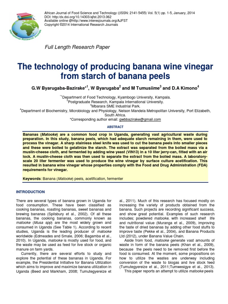 the technology of producing banana wine vinegar from starch of banana