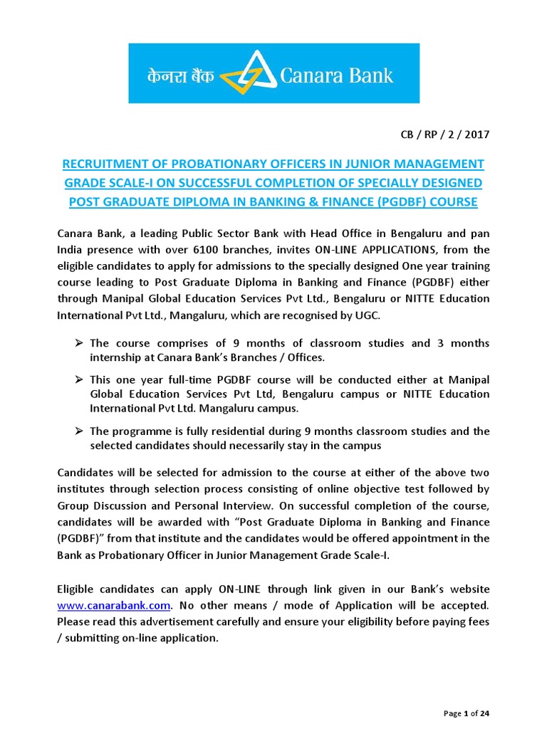 Official Notification For Canara Bank PO Recruitment | PDF 