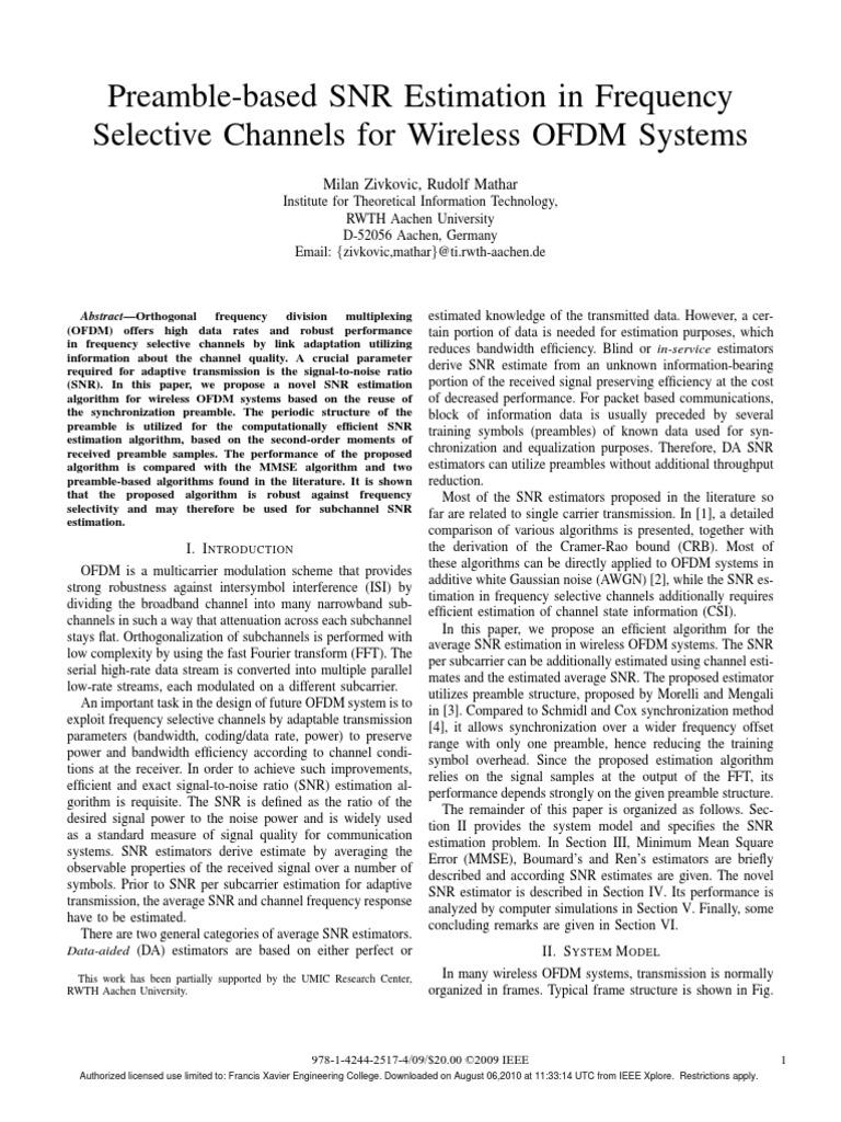 Preamble-Based SNR Estimation in Frequency Selective Channels For ...