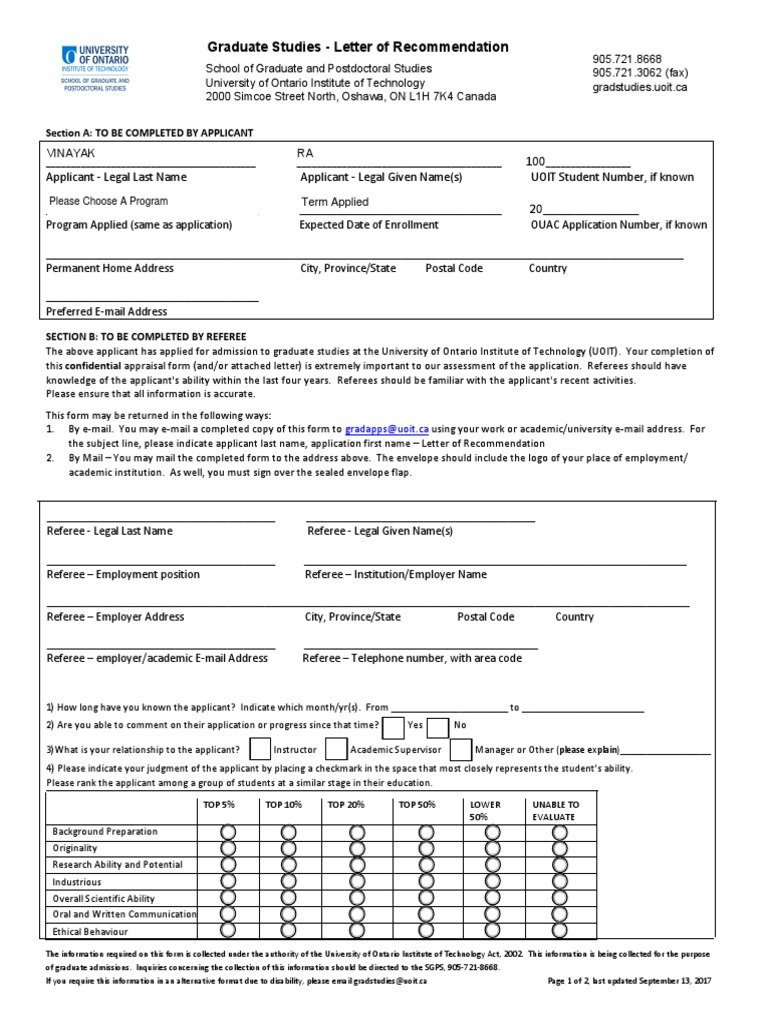 Graduate Admission Recommendation Form | PDF | Graduate School | Mail