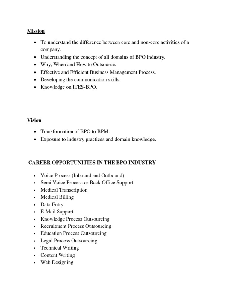Bpo Mission and Vision | PDF | Outsourcing | Computing