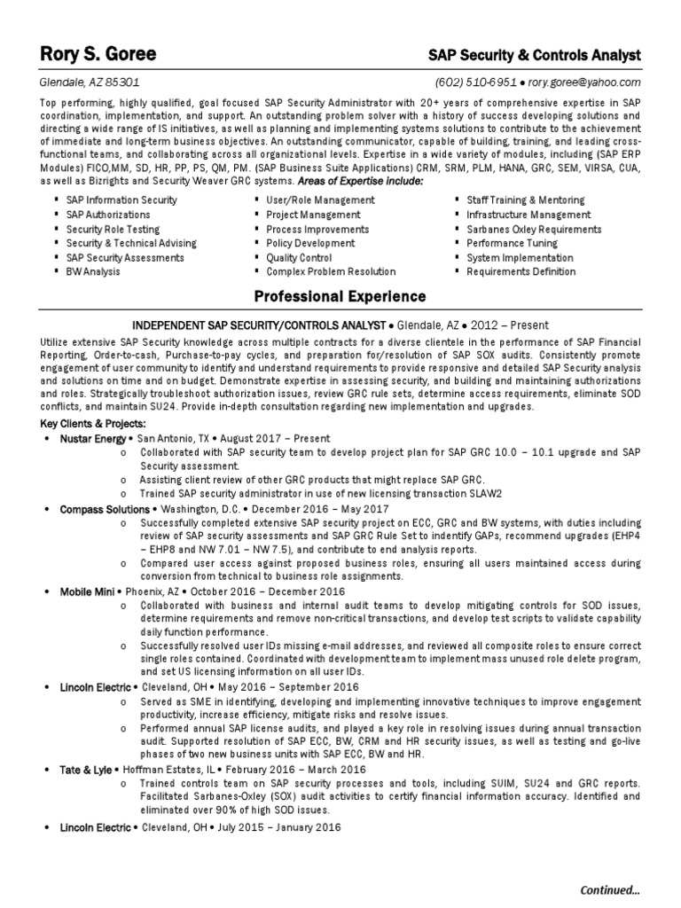 SAP Security GRC Consultant in United States Resume Rory Goree