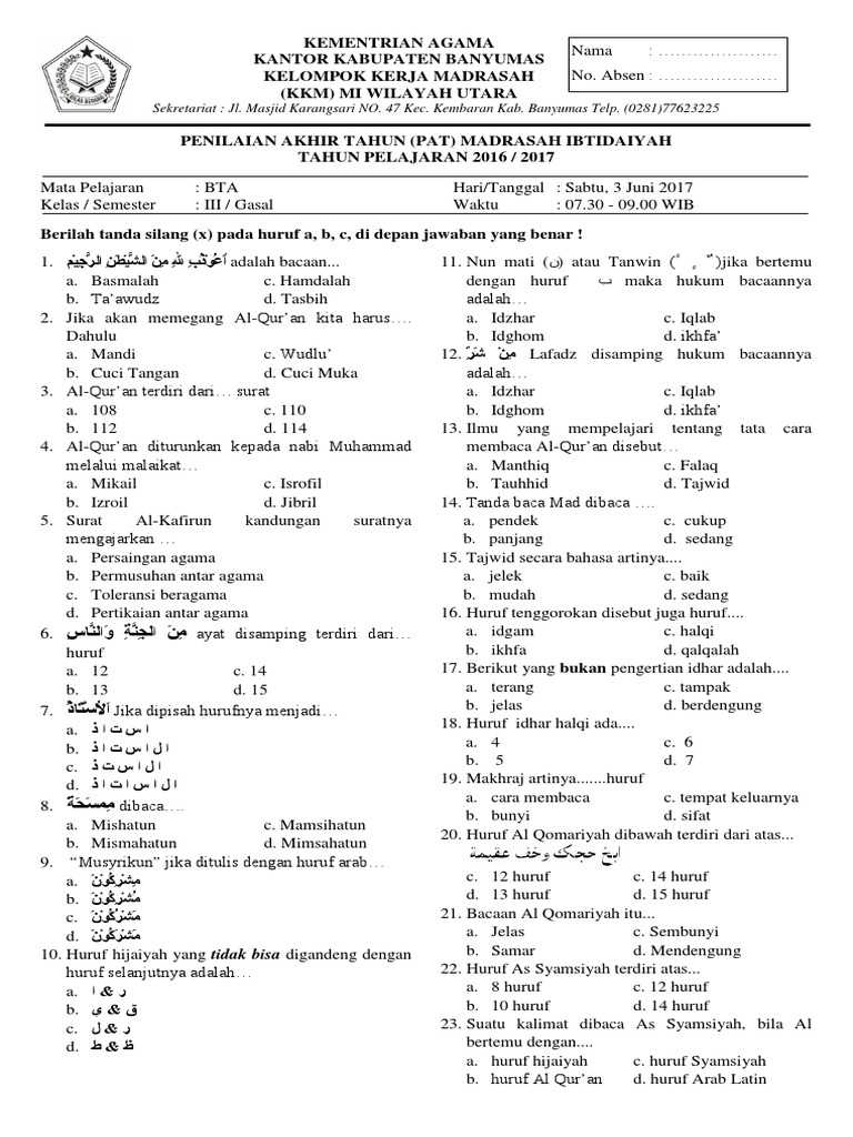 Soal Bta Pat 2 Kelas Iii Tp 2016 2017