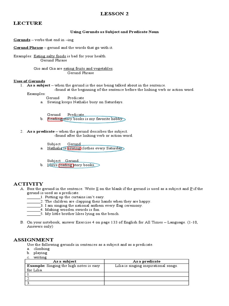 Worksheets Gerund Phrase Worksheet using gerunds as subject and predicate