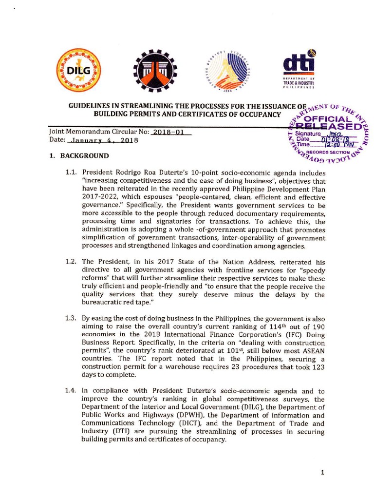 DILG DTI DPWH DICT JMC 201801 BLDG Permits and Cert of Occupancy