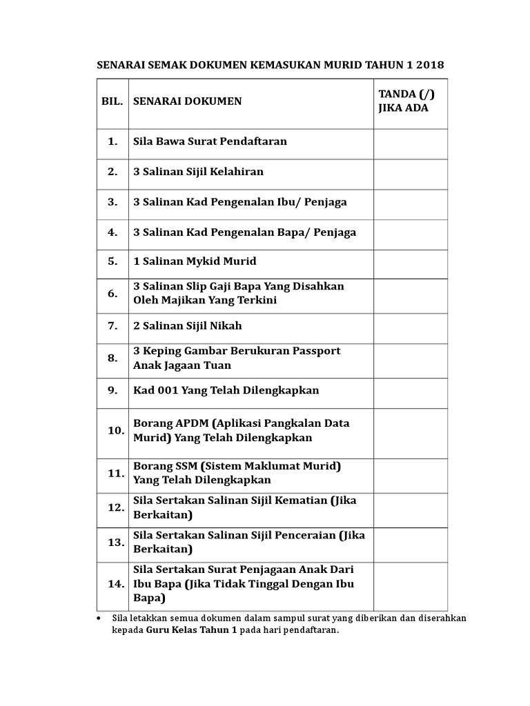 Senarai Semak Dokumen Pendaftaran Tahun 1