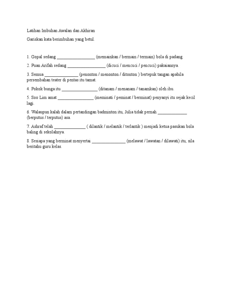 Latihan Imbuhan Awalan Dan Akhiran