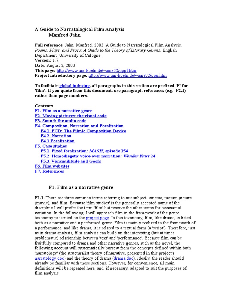A Guide To Narratological Film Analysis Narration Narrative