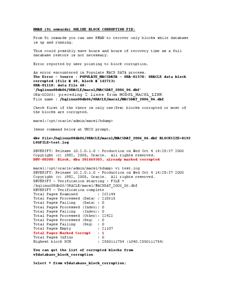 Rman Block Recovery PDF Backup Oracle Database