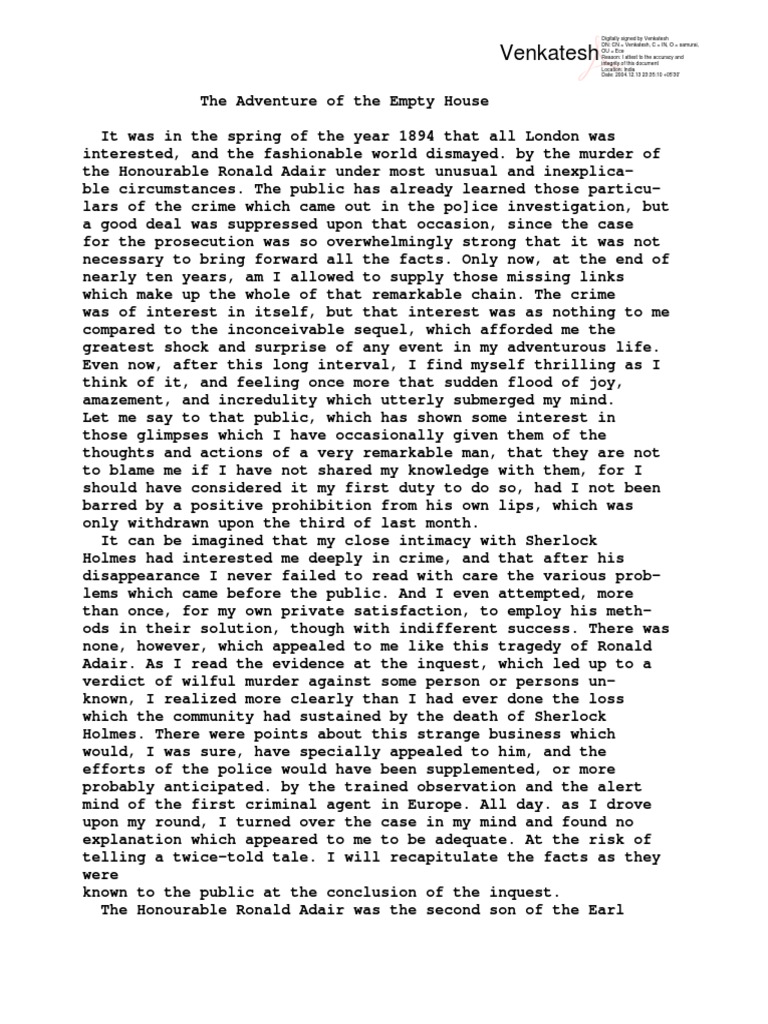Ronald Adair's Mysterious Murder | PDF | Professor Moriarty | Sherlock ...