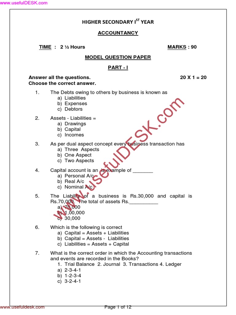 11th Accountancy Model Question Paper Debits And Credits Cheque