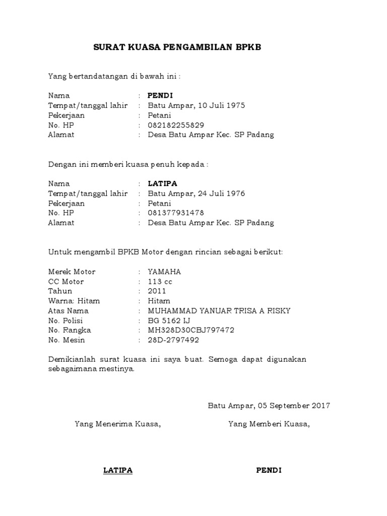 3 Contoh Surat Kuasa Pengambilan BPKB Terbaru Format MS Word | PDF