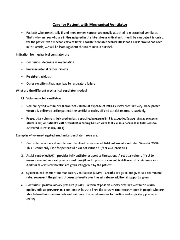 Care of Patients With Mechanical Ventilator | PDF | Breathing ...