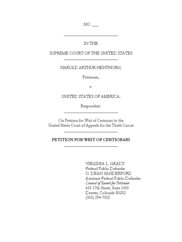 Harold Henthorn US Supreme Court Petition for Writ of Certiorari