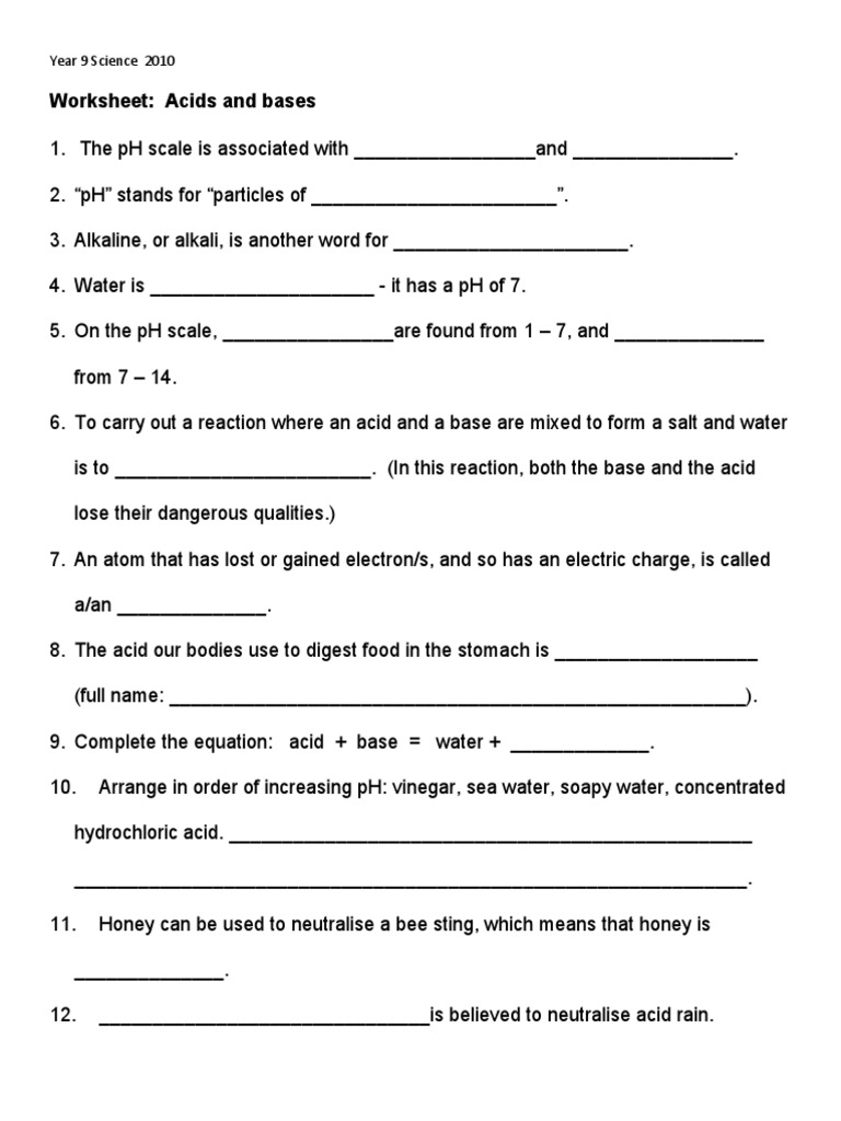 Acid Base Worksheet Answers