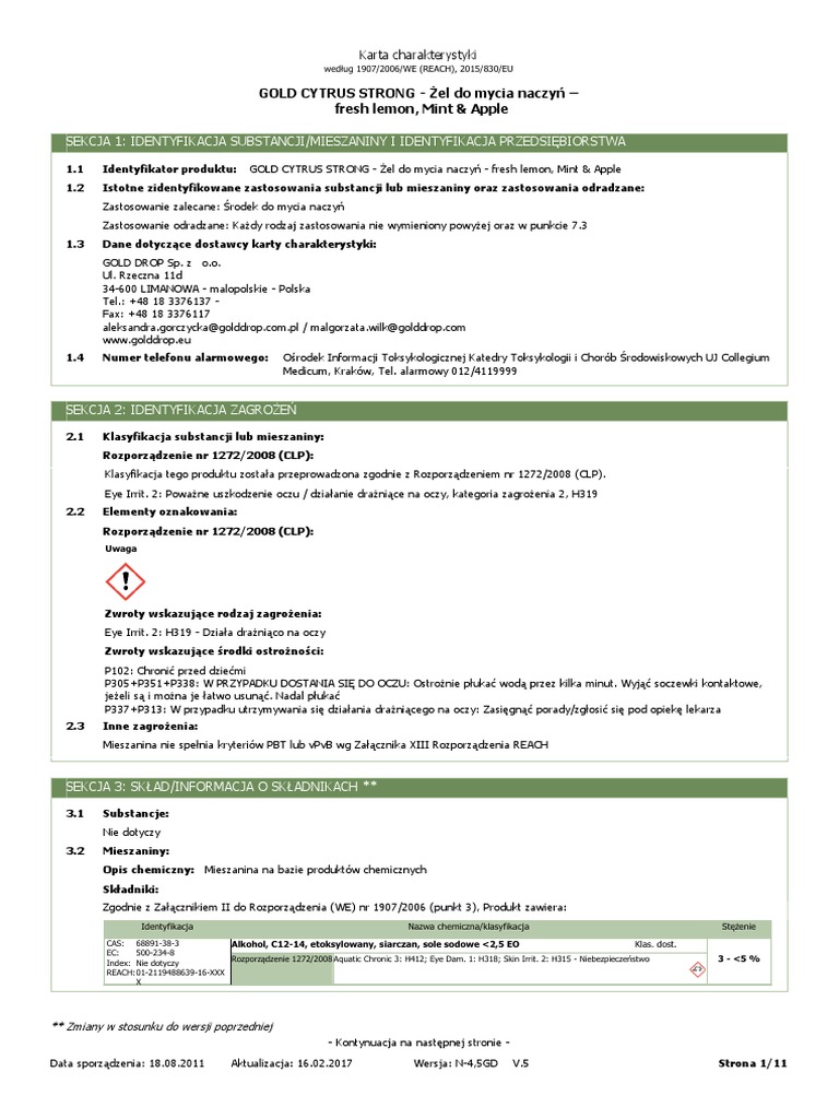 0031 GOLD CYTRUS STRONG Żel do mycia naczyń karta charakterystyki