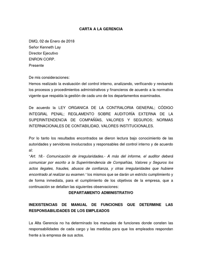 Carta A La Gerencia  PDF  Toma de decisiones  Enron