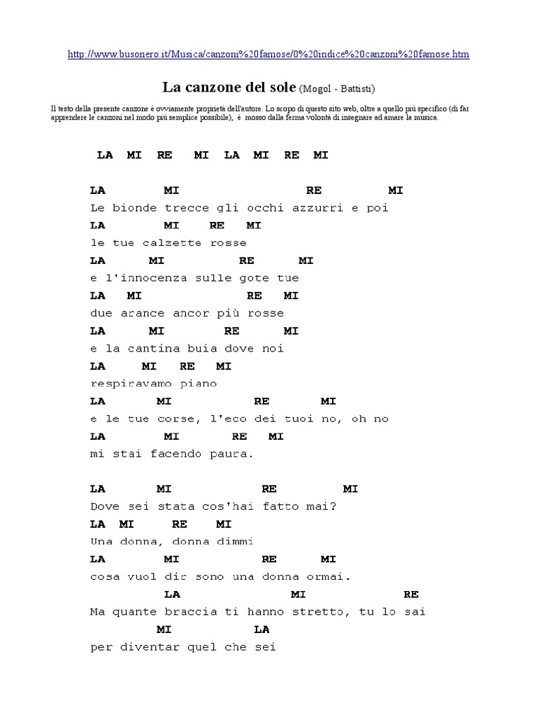 La Canzone Del Sole Testo e Accordi PDF