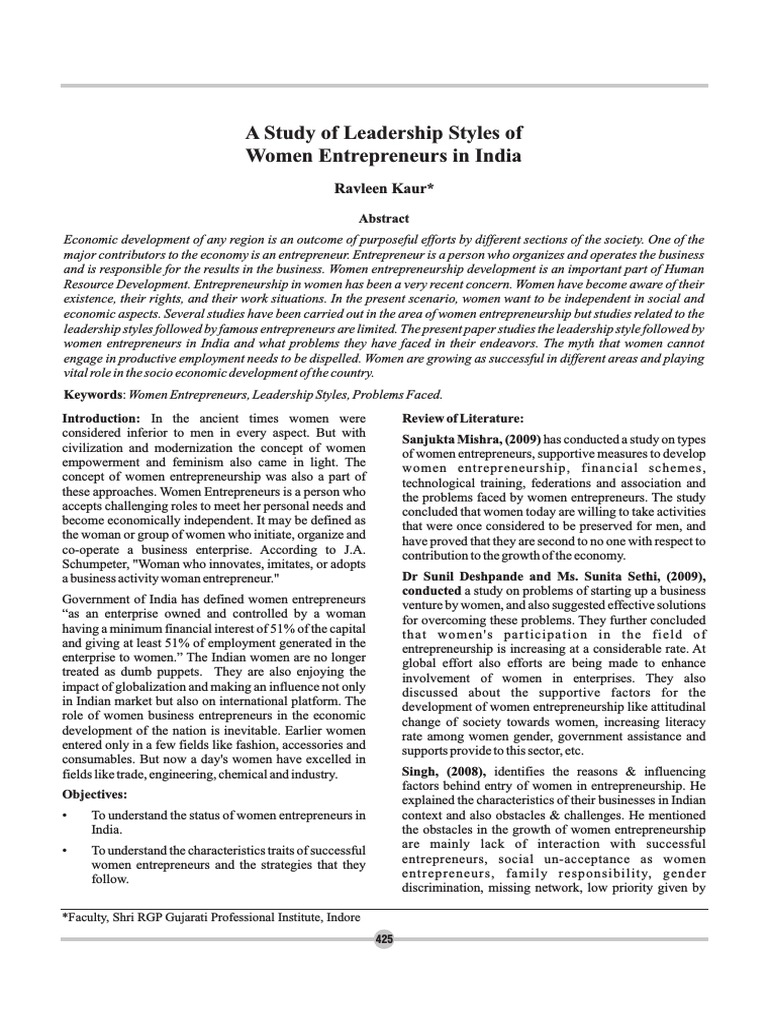 A Study of Leadership Styles of Women Entrepreneurs in India 394565278 ...