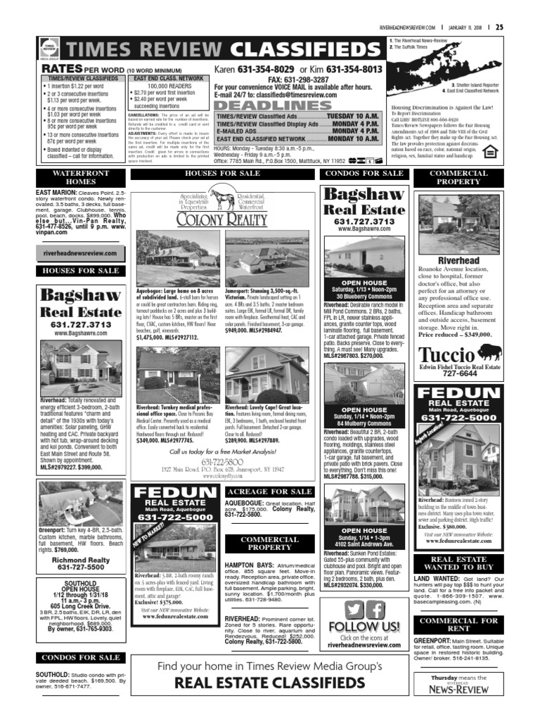 Riverhead NewsReview Classifieds and Service Directory Jan 11., 2018