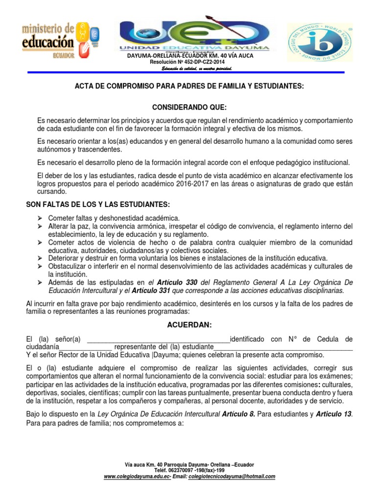 Acta de Compromiso para Padres de Familia y Estudiantes 2017 | PDF ...