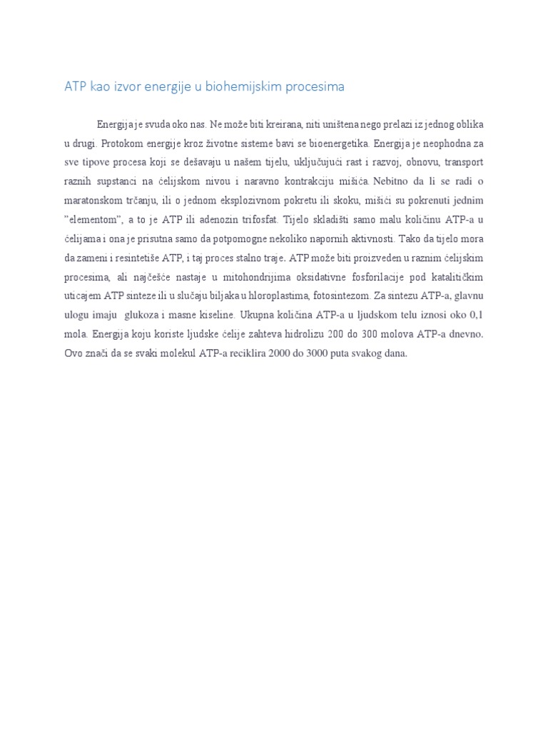 ATP Kao Izvor Energije U Biohemijskim Procesima | PDF