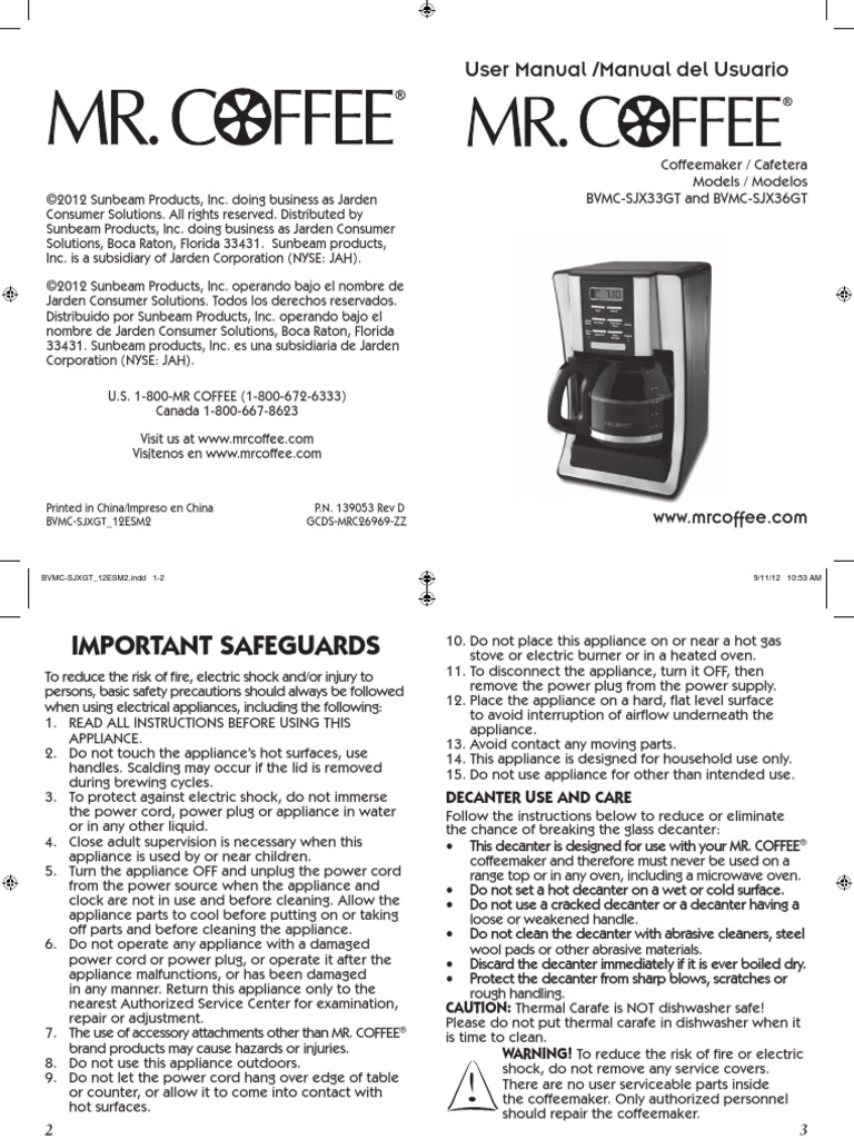 User Manual /manual Del Usuario: Coffeemaker / Cafetera Models ...