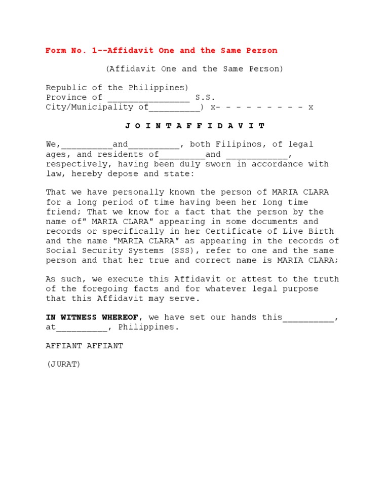 Affidavit Of One And The Same Person