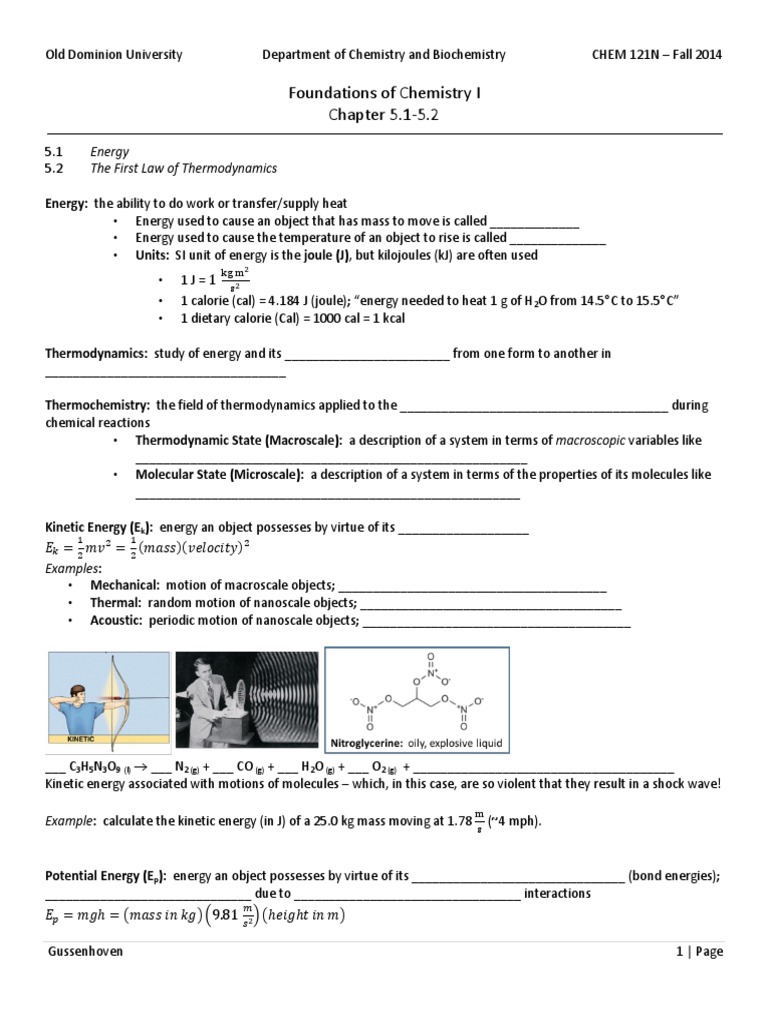 Foundations of Chemistry I Chapter 5.15.2 Energy The First Law of