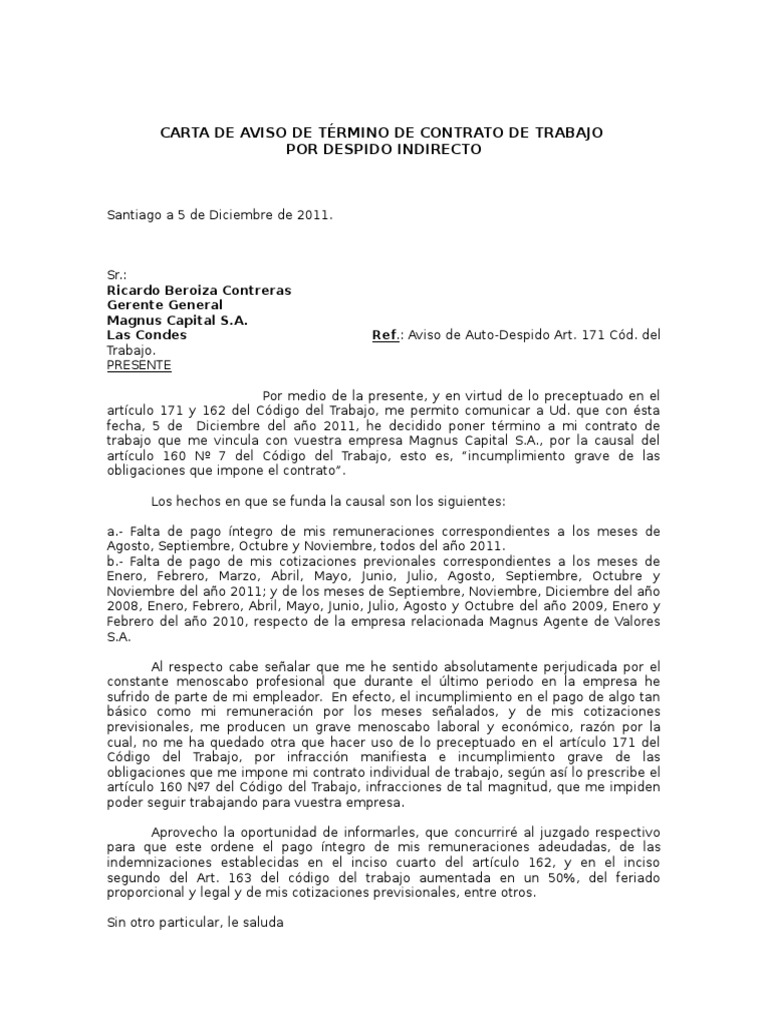 Carta De Aviso De Término De Contrato De Trabajo Por Despido Indirecto