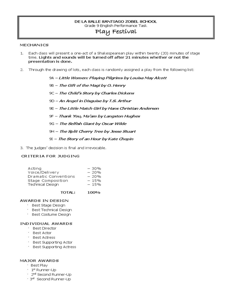Play Festival: Grade 9 English Performance Task | PDF