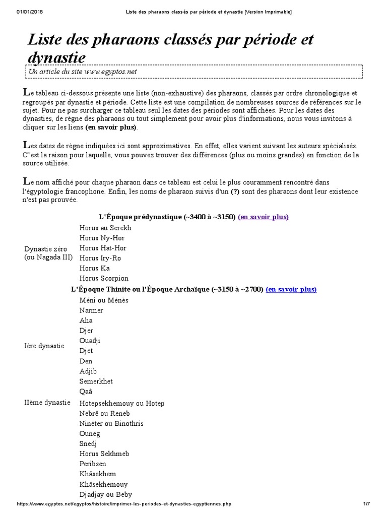 Liste Des Pharaons Classés Par Période Et Dynastie