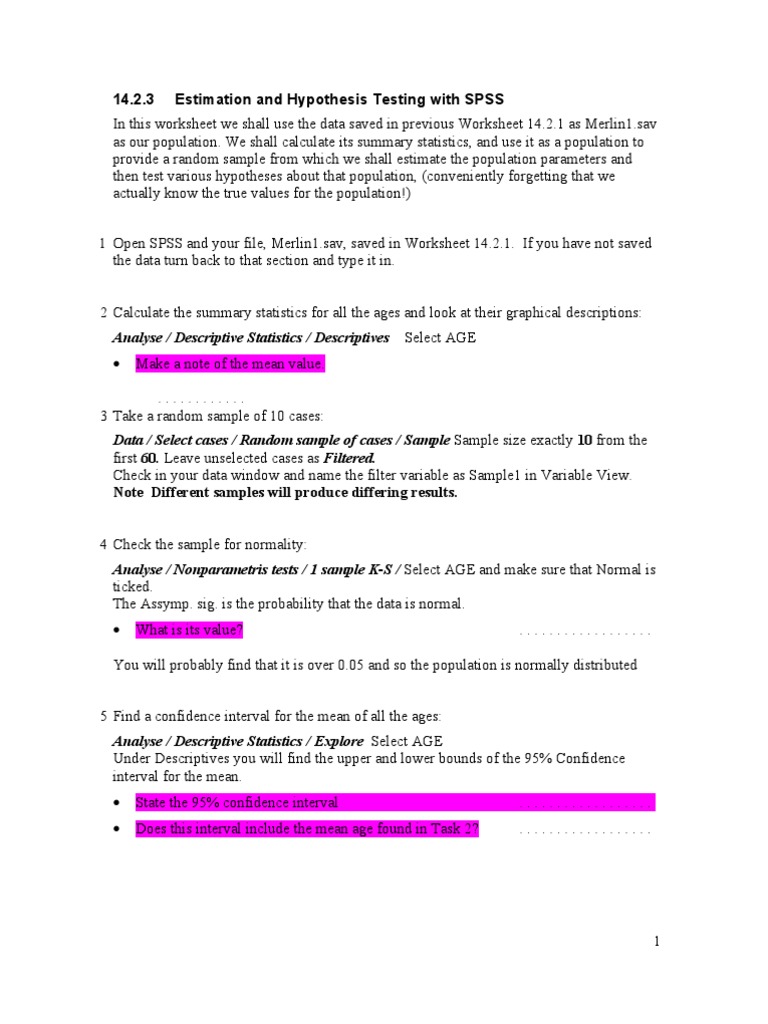 Worksheets Confidence Interval Worksheet estimation and hypothesis testing with spss statistical students t test
