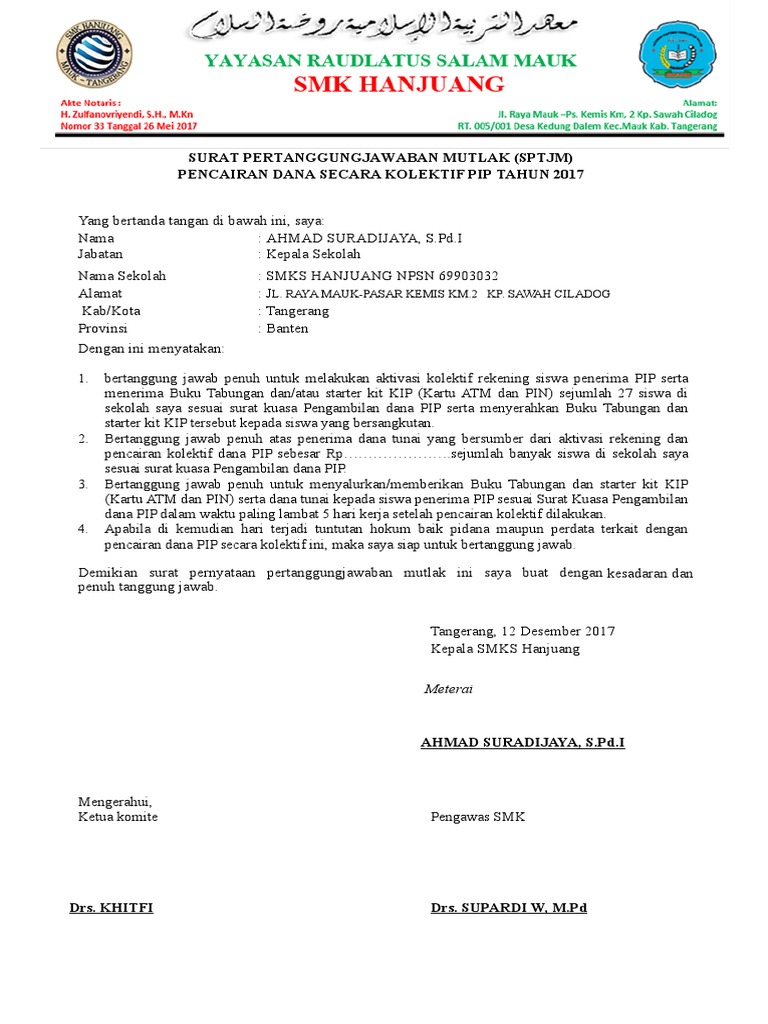 Sptjm Pip Surat Pertanggungjawaban Mutlak