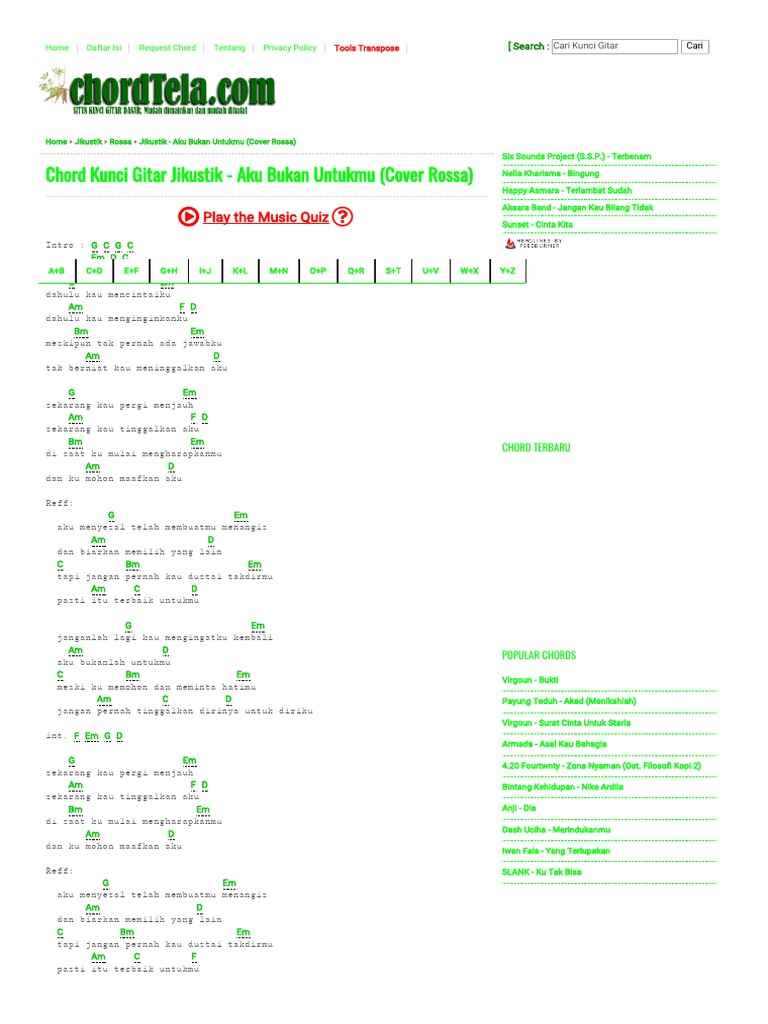 Kunci Gitar Jikustik Aku Bukan Untukmu Cover Rossa Chord Dasar Kunci Gitar Lirik Lagu C